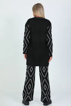 Kadın Desenli Tesettür Triko Tunik Pantolon İkili Takım Siyah