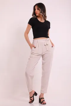 Kadın Duble Paça Bel Kuşak Detaylı Keten Pantolon Krem