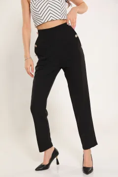 Kadın Düğme Detaylı Cepli Bol Paça Pantolon Siyah