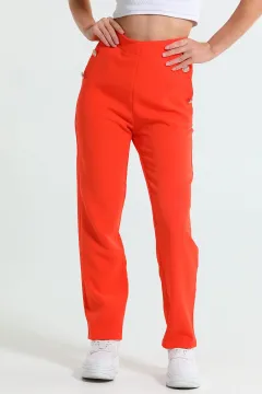 Kadın Düğme Detaylı Cepli Bol Paça Pantolon Orange