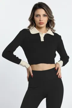 Kadın Düğme Detaylı Crop Triko Bluz Siyah