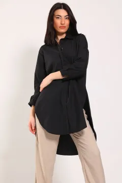Kadın Düğme Detaylı Ön Kısa Arka Uzun Gömlek Tunik Siyah