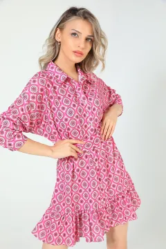 Kadın Etek Ucu Fırfırlı Saten Gömlek Elbise Pembe