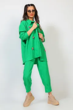 Kadın Tesettür Gömlek Pantolon İkili Takım Yeşil