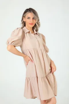 Kadın Gömlek Yaka Balon Kol Elbise Bej