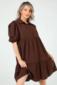 Kadın Gömlek Yaka Balon Kol Elbise Kahve