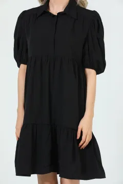 Kadın Gömlek Yaka Balon Kol Elbise Siyah