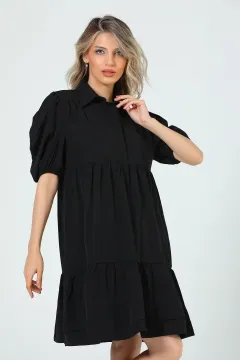 Kadın Gömlek Yaka Balon Kol Elbise Siyah