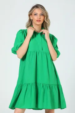 Kadın Gömlek Yaka Balon Kol Elbise Yeşil