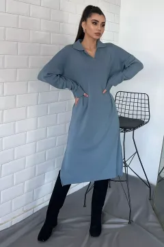 Kadın Gömlek Yaka Yırtmaçlı Triko Elbise Gri