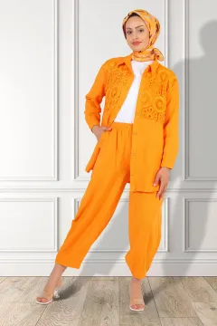 Kadın Güpürlü Tesettür Gömlek Pantolon İkili Takım Orange