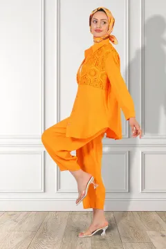 Kadın Güpürlü Tesettür Gömlek Pantolon İkili Takım Orange