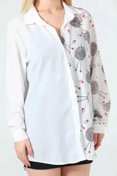 Kadın Hafif Dökümlü Uzun Kollu Baskılı Gömlek Krem