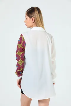 Kadın Hafif Dökümlü Uzun Kollu Baskılı Gömlek Krem