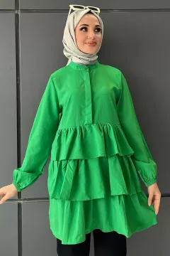 Kadın Hakim Yaka Ön Düğme Detaylı Etek Fırfırlı Tunik Yeşil