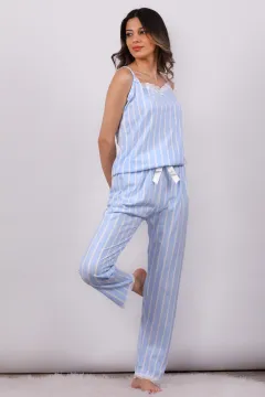 Kadın İnce Askılı Çizgi Desenli Pijama Takımı Mavi