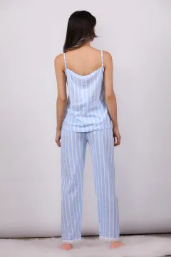 Kadın İnce Askılı Çizgi Desenli Pijama Takımı Mavi