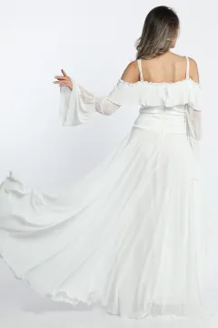 Kadın İp Askılı Kemer Detaylı Kol Tüllü Uzun Abiye Gece Kıyafeti Beyaz