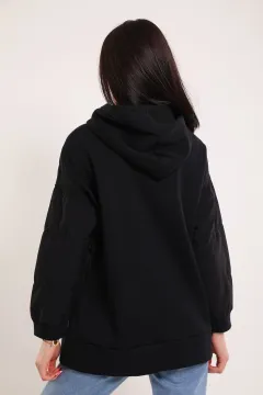 Kadın Kanguru Cepli Paraşüt Kumaşlı Kapüşonlu Sweatshirt Siyah