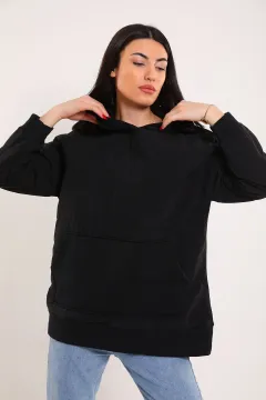 Kadın Kanguru Cepli Paraşüt Kumaşlı Kapüşonlu Sweatshirt Siyah