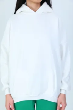 Kadın Kapüşonlu 3 İplik Şardonlu Cepli Oversize Sweatshirt Krem