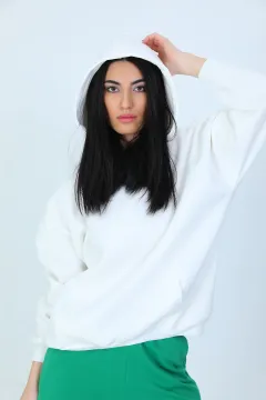 Kadın Kapüşonlu 3 İplik Şardonlu Cepli Oversize Sweatshirt Krem