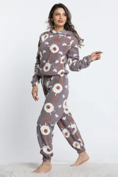 Kadın Kapüşonlu Bel Ve Paça Lastikli Desenli Polar Pijama Takımı Gri