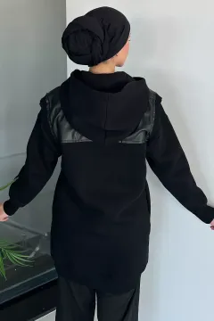 Kadın Kapüşonlu Deri Garnili Tesettür Sweatshirt Siyah