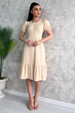 Kadın Kare Yaka Örme Elbise Bej