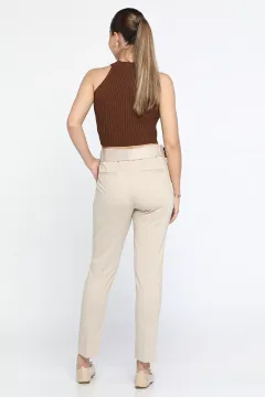Kadın Kemerli Kumaş Pantolon Taş