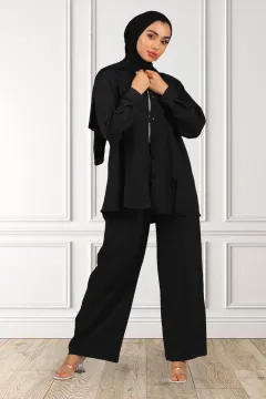 Kadın Kendinden Desenli Tesettür Gömlek Pantolon İkili Takım Siyah