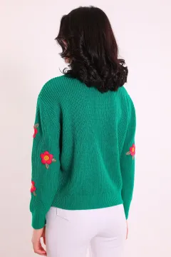 Kadın Kol Çiçek Nakışlı Triko Kazak Yeşil