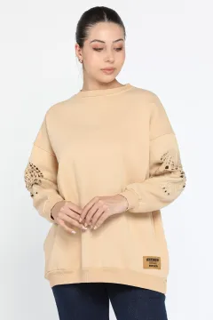 Kadın Kol Detaylı Salaş Sweatshirt Bej