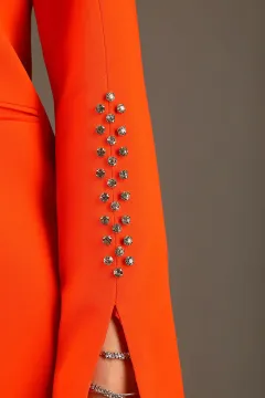 Kadın Kol Taş Detaylı Sahte Cepli Uzun Blazer Ceket Orange