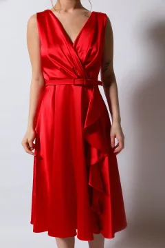 Kadın Kravuze Yaka Kemerli Abiye Elbise Kırmızı
