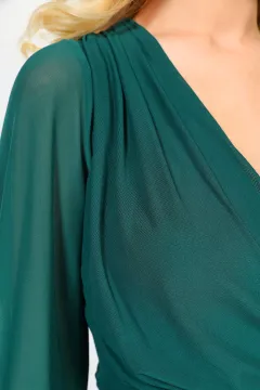 Kadın Kravuze Yaka Kolları Tüllü Abiye Elbise Yeşil
