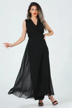 Kadın Kravuze Yaka Kuşaklı Abiye Elbise Siyah