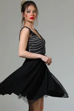 Kadın Kruvaze Yaka Ön Güpürlü Astarlı Işıltılı Mini Abiye Elbise Siyahgümüş