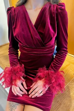Kadın Kruvaze Yaka Uzun Kol Drapeli Kol Tüylü Kadife Abiye Gece Kıyafeti Bordo