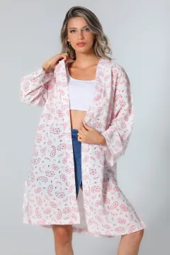 Kadın Lazer Kesim Desenli Kimono Hırka Krempembe