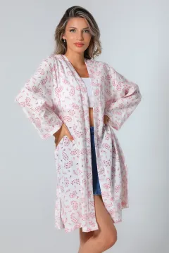 Kadın Lazer Kesim Desenli Kimono Hırka Krempembe