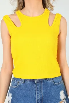 Kadın Likralı Askılı Çift Omuz Detaylı Kaşkorse Crop Body Bluz Sarı