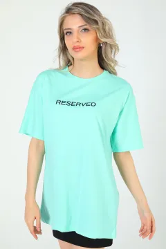 Kadın Likralı Bisiklet Yaka Baskılı Salaş T-shirt Mint