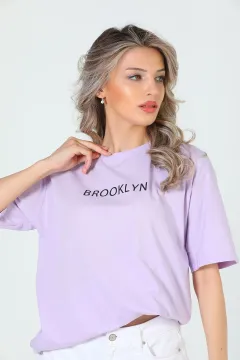 Kadın Likralı Bisiklet Yaka Baskılı Salaş T-shirt Lila