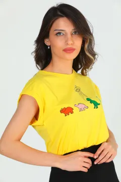 Kadın Likralı Bisiklet Yaka Crop T-shirt Sarı