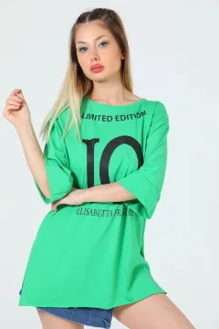 Kadın Likralı Bisiklet Yaka Duble Kol Yırtmaçlı Baskılı Salaş T-shirt Yeşil