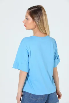 Kadın Likralı Bisiklet Yaka Duble Kol Baskılı T-shirt Mavi