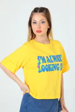 Kadın Likralı Bisiklet Yaka Duble Kol Baskılı T-shirt Sarı