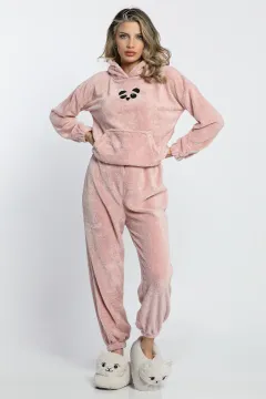 Kadın Nakışlı Peluş Pijama Takımı Pudra
