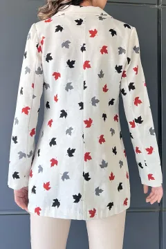 Kadın Omuz Vatkalı Sahte Cep Detaylı Yaprak Desenli Blazer Ceket Kremkiremit
